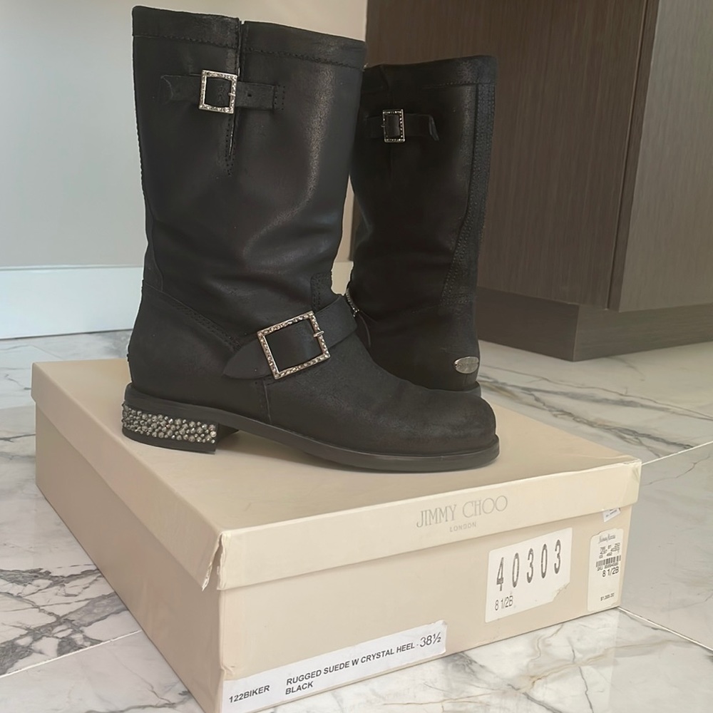 Jimmy Choo 122 Biker Rugged Suede w Crystal Heel